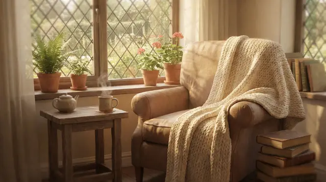 Cozy corner with armchair and tea